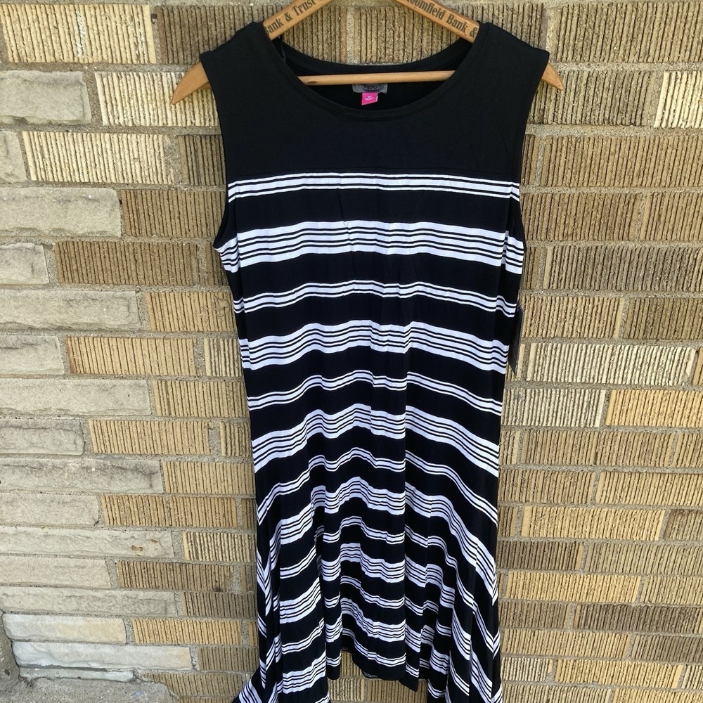 Vince Camuto Womens Medium Short Sleeve Island Stripe Shark Bite Dress Black NWT